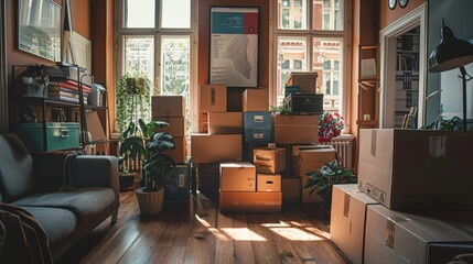 Cardboard Boxes at new apartment. evoking a sense of new beginnings and home warmth.