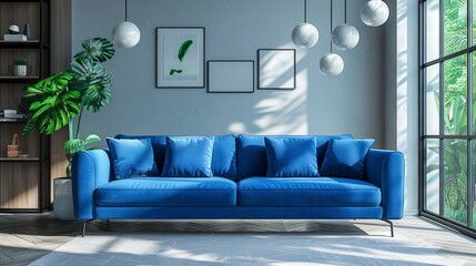 Modern living room with blue sofa and large windows