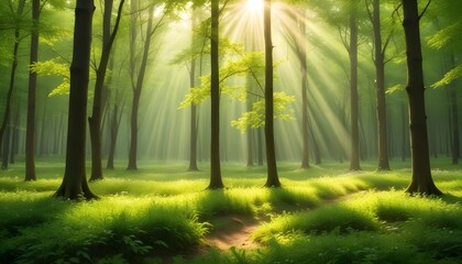 Obraz premium Beautiful spring forest with sun rays background