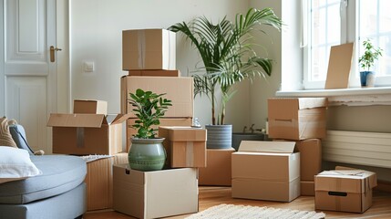 Cardboard Boxes at new apartment. evoking a sense of new beginnings and home warmth.