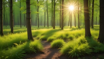 Obraz premium Beautiful spring forest with sun rays background