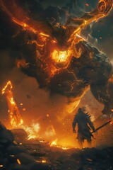A lone warrior faces off against a massive, fiery demon