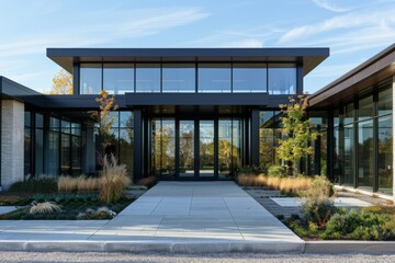 Fototapeta premium Modern home with minimalist design, expansive windows, and sleek black doors. Situated on a landscaped lot with a paved walkway to entrance