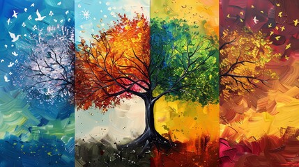 A beautiful painting of a tree with four seasons