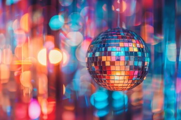 A close-up macro photograph of a disco ball hanging in a dimly lit room. The ball's mirrored facets reflect colorful lights, creating an intricate pattern of reflections