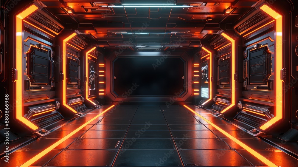 Poster A large black rectangular screen in the middle. The overall design is simple futuristic, featuring orange and black neon lights and a three-dimensional effect. Generative AI.