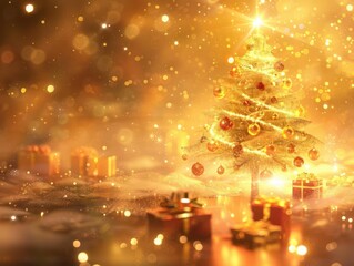 magical floating christmas tree ornaments suspended in air gift boxes orbiting warm golden glow starry background whimsical and fantastical holiday scene