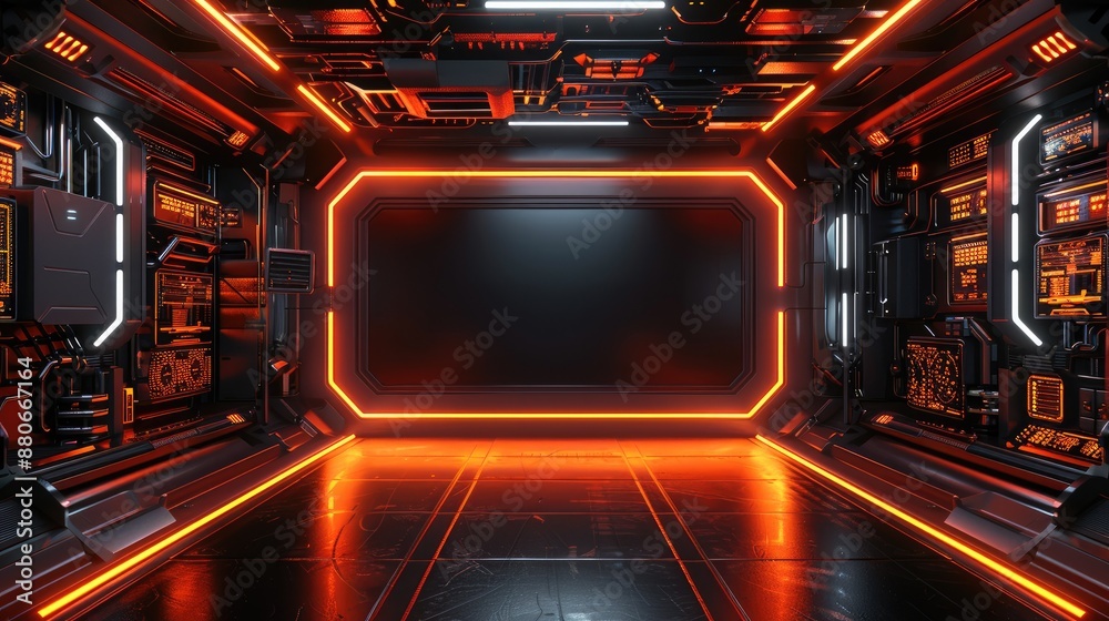 Poster A large black rectangular screen in the middle. The overall design is simple futuristic, featuring orange and black neon lights and a three-dimensional effect. Generative AI.