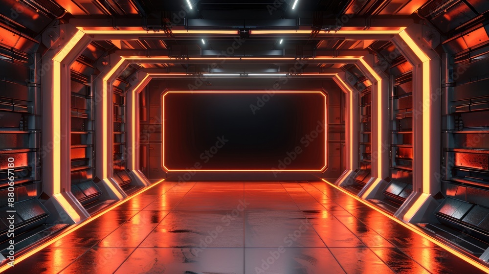 Poster A large black rectangular screen in the middle. The overall design is simple futuristic, featuring orange and black neon lights and a three-dimensional effect. Generative AI.