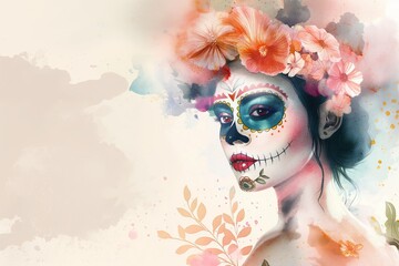Colorful sugar skull woman with floral headdress and floral elements on face for Day of the Dead celebration concept