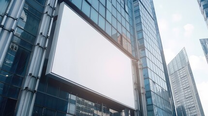 Mock up. Big blank white billboard on the facade of modern highrise building in the city.