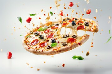 A mouthwatering image of a pizza with various toppings, including olives and pepperoni, floating in the air. Generated AI