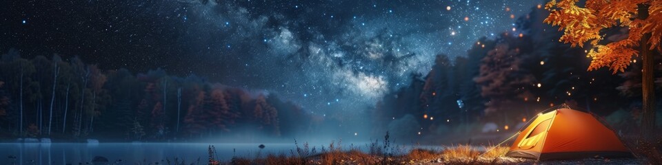 Fototapeta premium Abstract Wallpaper of a Starry Autumn Night with Tents Under the Sky, Capturing the Tranquility and Beauty of Nature, Perfect for High-Resolution Backgrounds and Bestselling Art