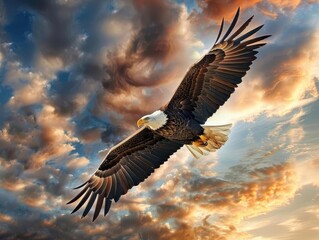 Obraz premium majestic bald eagle soaring across waving american flag dramatic sky background patriotic color scheme