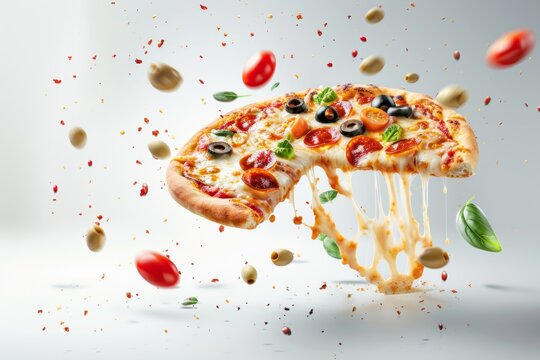 Mouth-watering pizza slice with melted cheese and various toppings flying around, evoking culinary delights. Generated AI