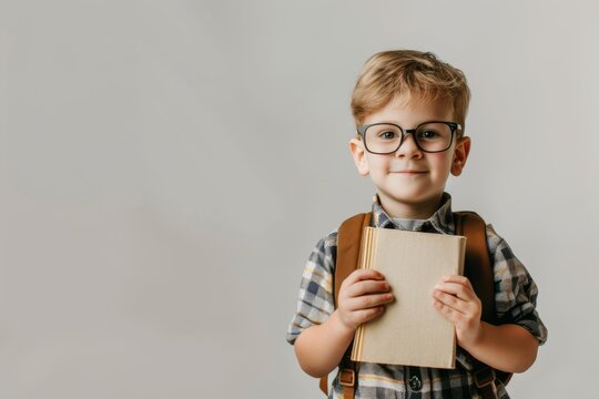 Cheerful young boy wearing glasses and backpack, holding a book and smiling confidently. Perfect for back-to-school themes and education concepts. Generated AI