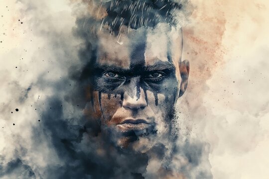 Closeup of face with dramatic paint, surrounded by smoky haze, intense gaze, artistic warrior portrait, fierce expression, bold colors, battle concept