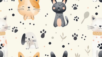 Cute seamless pattern with cats and dogs. Adorable pet illustrations perfect for wallpapers, fabrics, and stationery designs.
