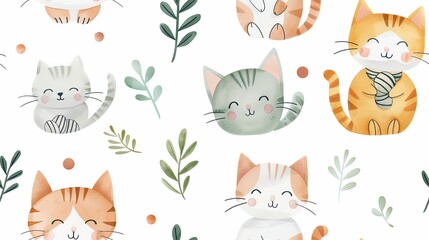 Seamless pattern with cute watercolor cats and botanical leaves, perfect for children's designs, fabrics, and wallpapers.
