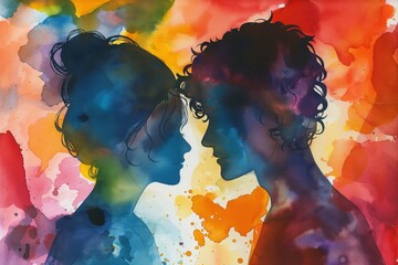Couple silhouette in love surrounded by vibrant watercolor splashes creating a dreamy and artistic ambiance romantic concept