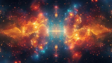 Naklejka premium Spiritual union love of the universe abstract digital art, bright energy, heavenly light, starry background, deep space theme, bright colors, detailed pattern. spiritual connection