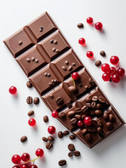 Fototapeta premium A piece of brown chocolate, decorated with coffee beans and red berries, Valentine's chocolate, sweet, bark chocolate 