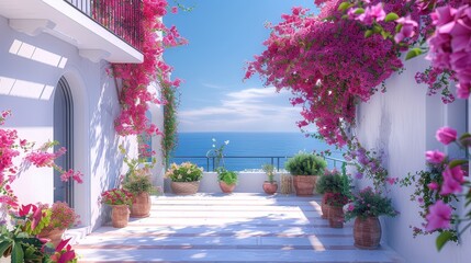 white house with pink flowers and the sea behind it