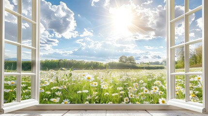 The view outside the window is a beautiful meadow, filled with flowers and sunshine