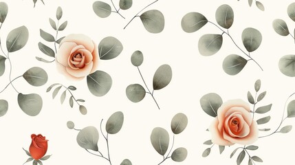 Elegant floral pattern with pink roses and green leaves on a white background, perfect for backgrounds, textiles, or digital designs.