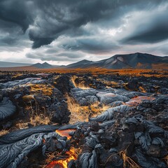 Naklejka premium A scenic view of lava in the Fagradalsfjall volcano in Iceland on cloudy sky background