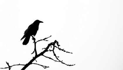 A lone crow sits on a branch against a white background. The crow is looking to the right. The image is in silhouette.