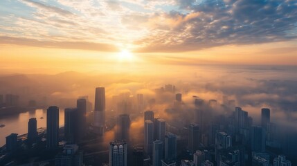 Fototapeta premium Sun rises over city casting long shadows on skyscrapers rivers mist hovers above creating ethereal atmosphere High angle perspective