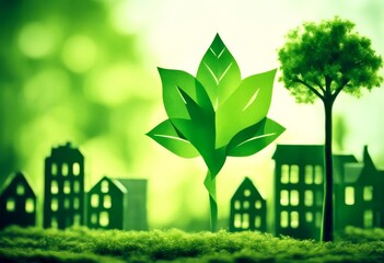 preservation silhouettes windmills art energy style green ecology idea trees solar panels building image leaf paper city generative ai eco three-dimensional panel environment silhouette