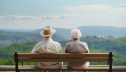 Elderly couple sitting on a bench, enjoying a scenic view of mountains and valleys, symbolizing tranquility and companionship.