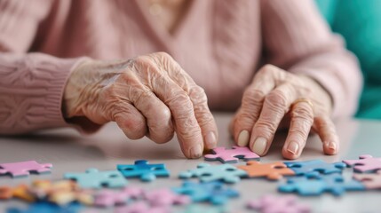 Close-up of elderly hands assembling colorful puzzle pieces, symbolizing mental activity and dexterity in seniors.