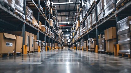 A large warehouse with tall shelves stocked full of neatly organized boxes.