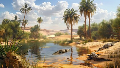 Obraz premium A group of crocodiles bask in the sun on the banks of a river in the middle of a desert oasis