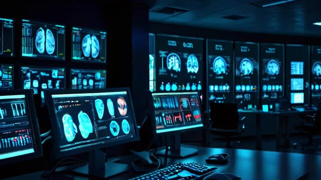 A dark room with many computers showing medical images of the brain.
