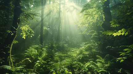 Forest, beautiful nature, a sustainability. Generative AI.