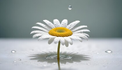 A close up of a delicate white daisy with dew with copy space.