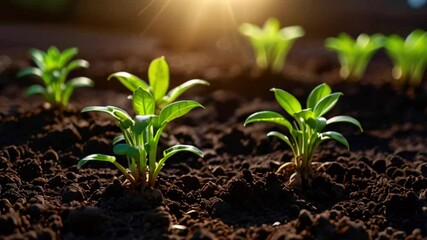 Several small green plants are growing out of brown soil with the sun shining brightly in the background.