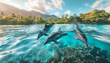 Fototapeta premium Three dolphins jumping out of the water in a tropical setting