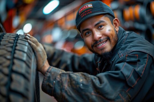 A mechanic, in a dark uniform and cap, works diligently on fixing a tire in a busy auto workshop, showcasing hands-on skill and focus in an industrial, modern environment.