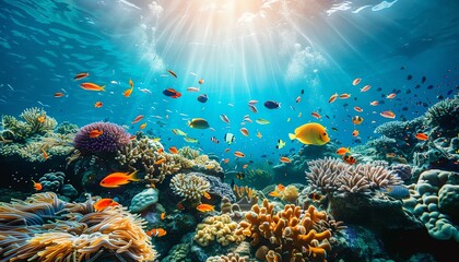 Obraz premium A beautiful and vibrant coral reef with a variety of fish swimming around. The water is crystal clear and the sun is shining brightly overhead.