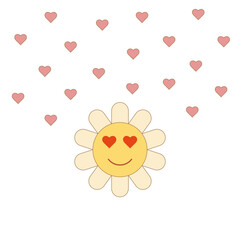 Cute postcard with image of daisy smiley face in love. Vector illustration for decor, postcards, posters, flyers, banners, textiles.