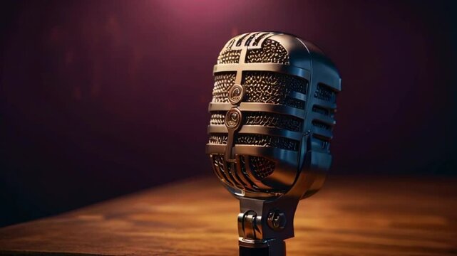 A silver retro microphone is sitting on a wooden table. The background is dark purple.