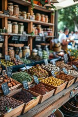 Obraz premium A Vibrant Farmers Market Stall Filled With Fresh Produce and Spices