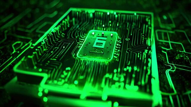 A close up of a computer chip with glowing green lines.