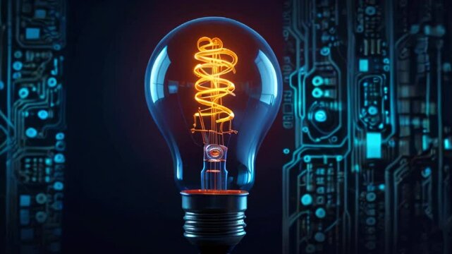 A glowing light bulb is in front of a blue circuit board.
