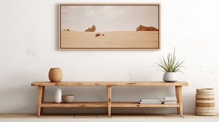 Minimalist Living Room with Wooden Console Table and Desert Landscape Art.